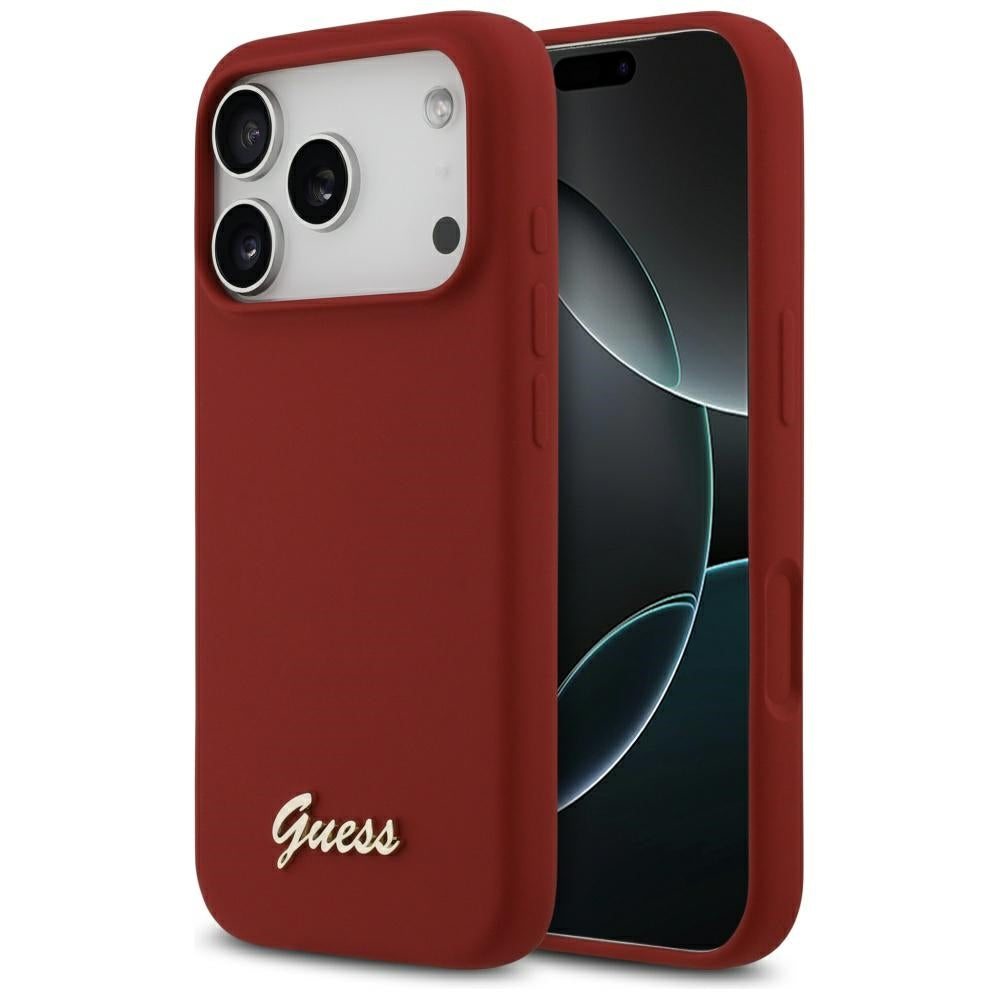 Husa pentru iPhone 17 Pro - Guess Silicone Script Metal Logo MagSafe (GUHMP17LSMBSLM) - Red