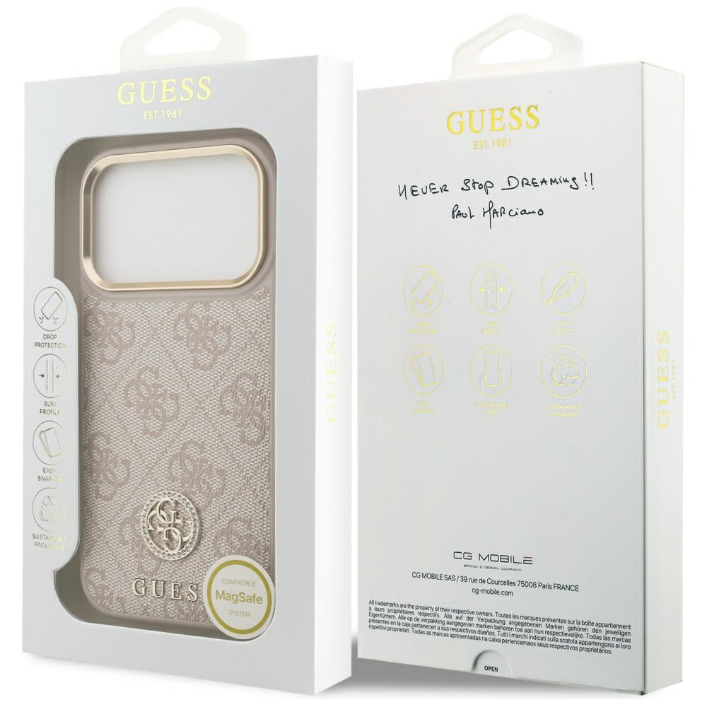 Husa pentru iPhone 17 Pro - Guess Hardcase 4G Strass Logo MagSafe (GUHMP17LP4GRMDEP) - Pink