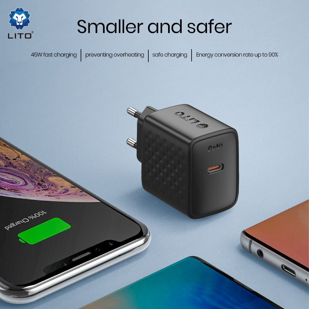 Lito - Wall Charger (LC20) - Type-C Output, PD45W, GaN, PC Fireproof, EU Plug - Black