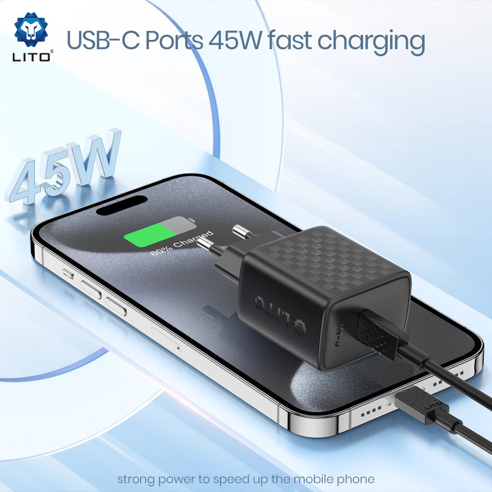 Lito - Wall Charger (LC20) - Type-C Output, PD45W, GaN, PC Fireproof, EU Plug - Black