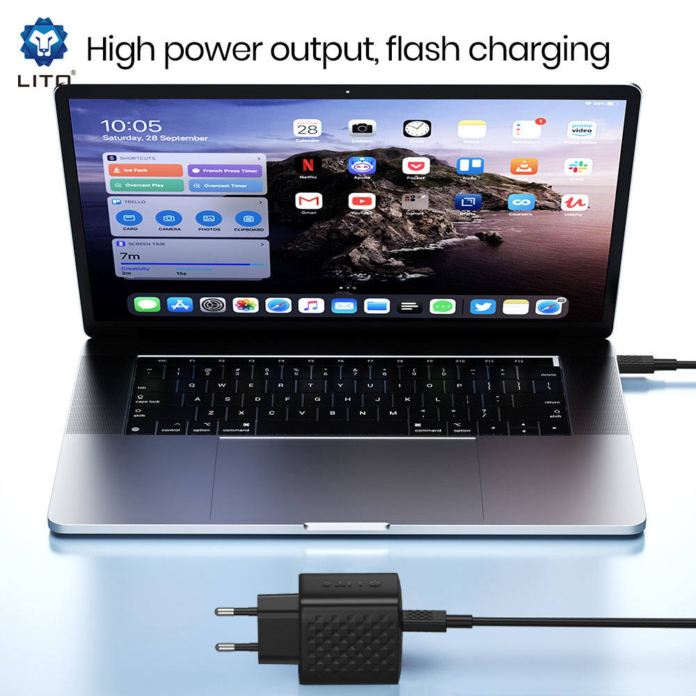 Lito Incarcator Lito (LC20T), with Type-C Cable Included, Type-C Output, PD45W, GaN, PC Fireproof, EU Plug, Negru – imag