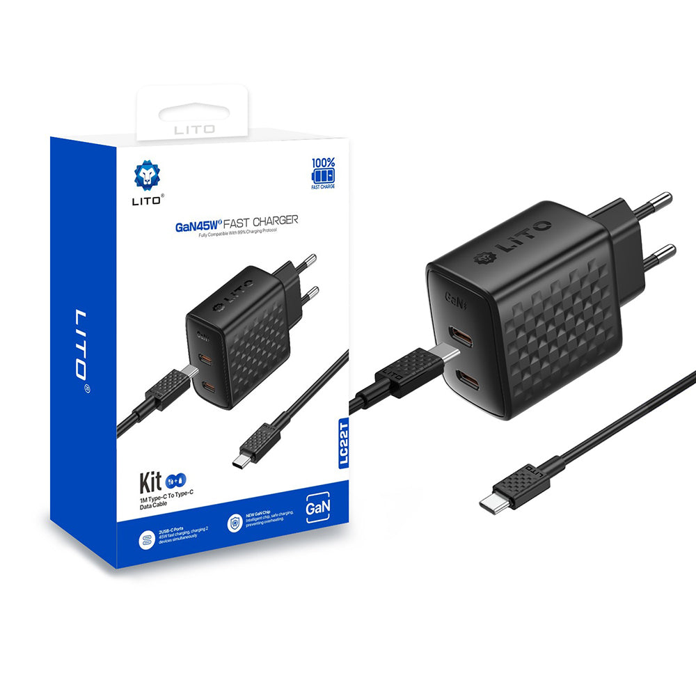 Lito Incarcator Lito (LC22T), with Type-C Cable Included, 2x Type-C Output, PD45W, GaN, PC Fireproof, EU Plug, 1m, Negru