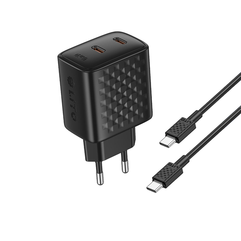 Lito Incarcator Lito (LC22T), with Type-C Cable Included, 2x Type-C Output, PD45W, GaN, PC Fireproof, EU Plug, 1m, Negru