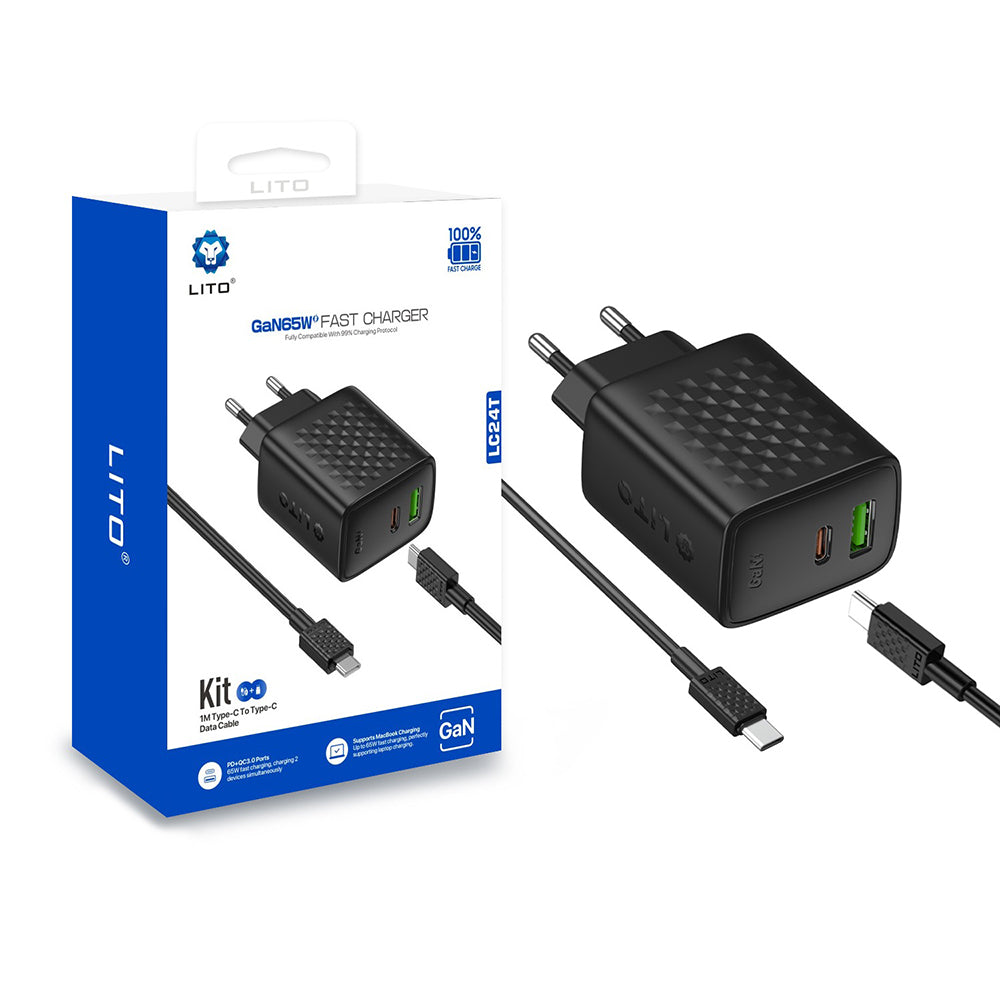 Lito Incarcator Lito (LC24T), with Type-C Cable Included, Type-C, USB Output, PD65W, GaN, PC Fireproof, EU Plug, Negru