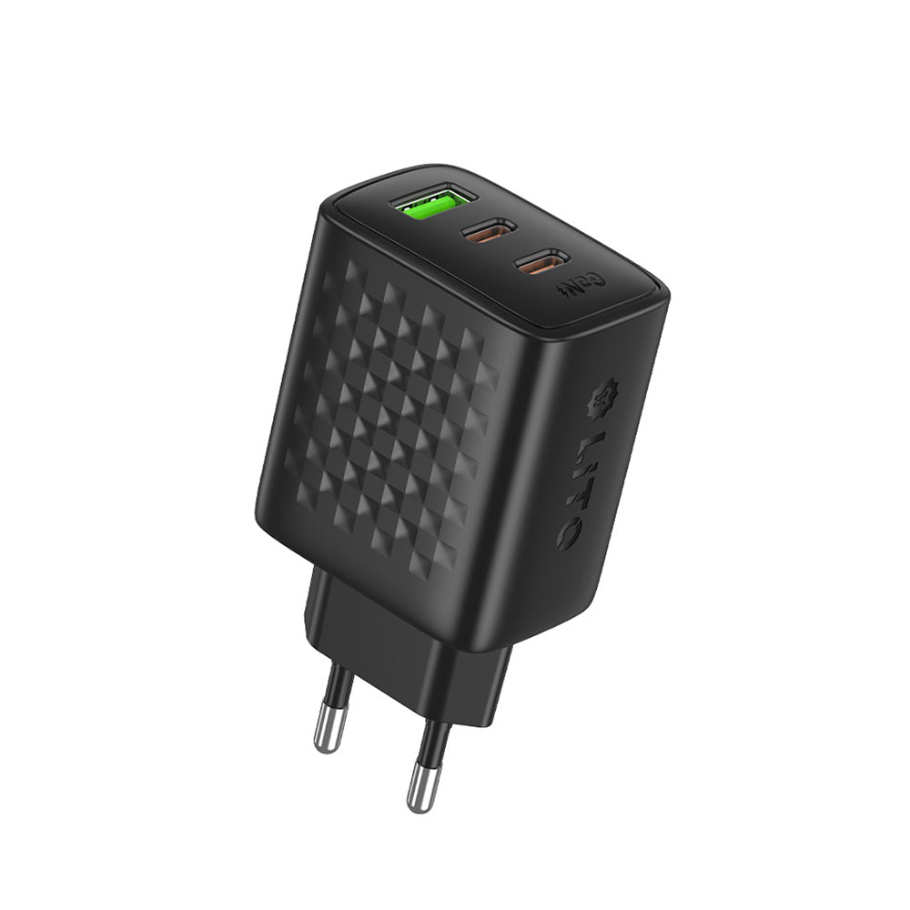 Lito - Wall Charger (LC25) - 2x Type-C, USB Output, PD65W, GaN, PC Fireproof, EU Plug - Black