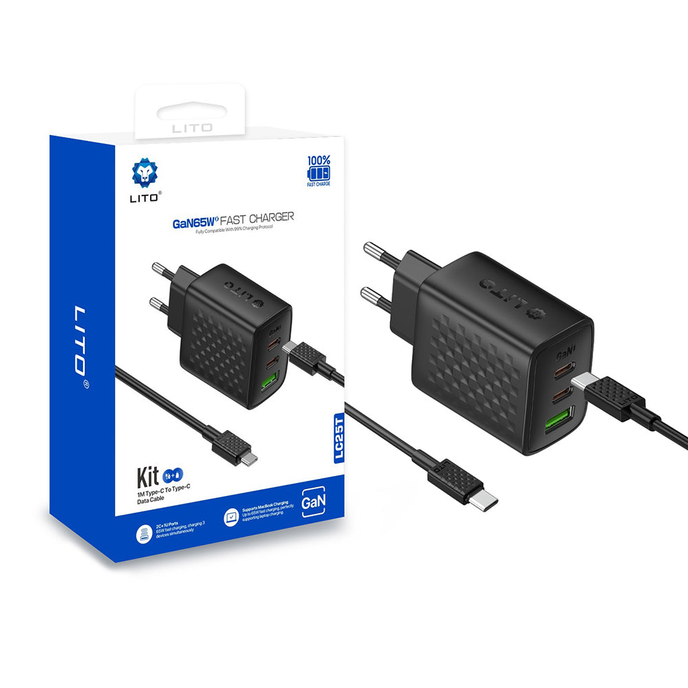 Lito - Wall Charger (LC25T) - with Type-C Cable Included, 2x Type-C, USB Output, PD65W, GaN, PC Fireproof, EU Plug - Bla