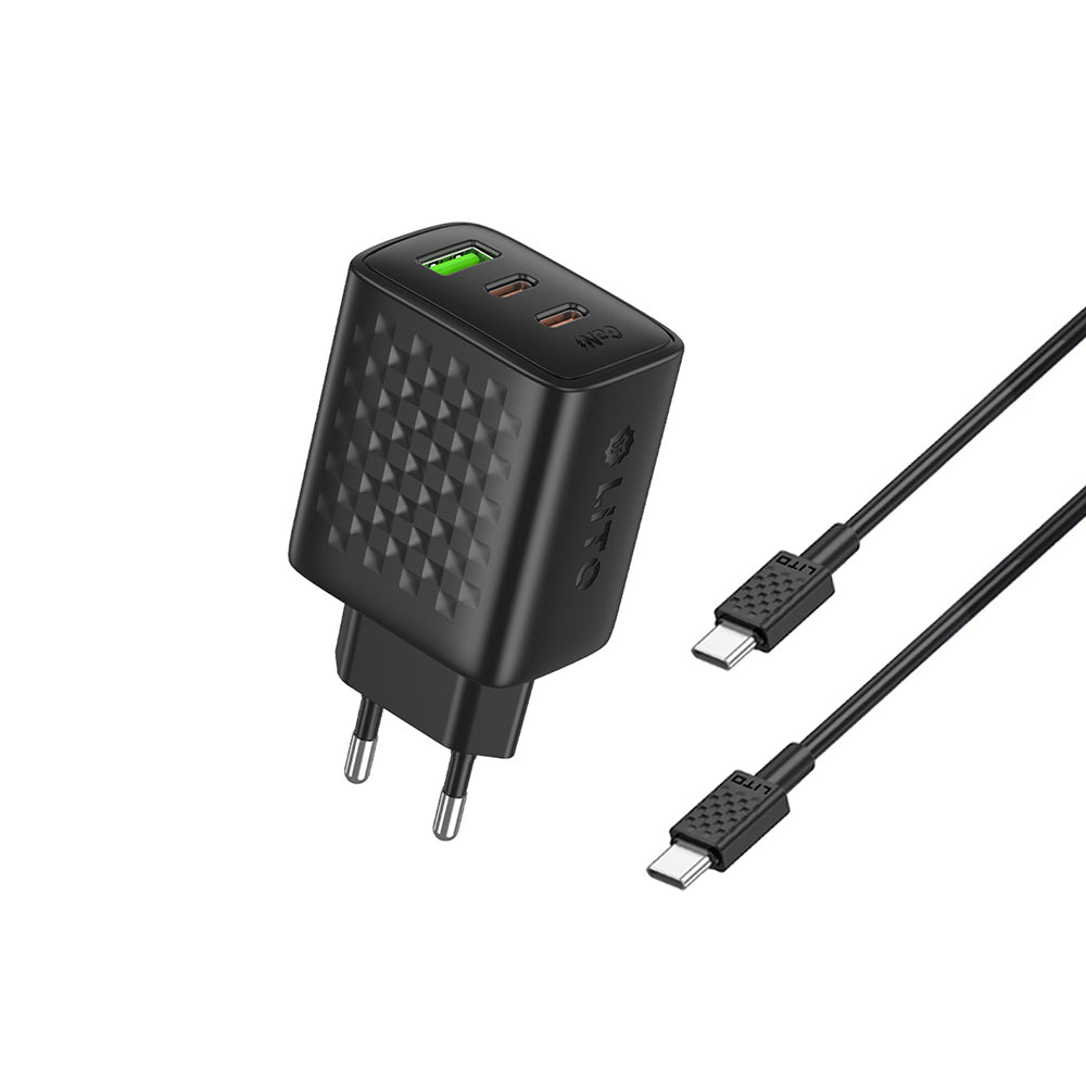 Lito - Wall Charger (LC25T) - with Type-C Cable Included, 2x Type-C, USB Output, PD65W, GaN, PC Fireproof, EU Plug - Bla