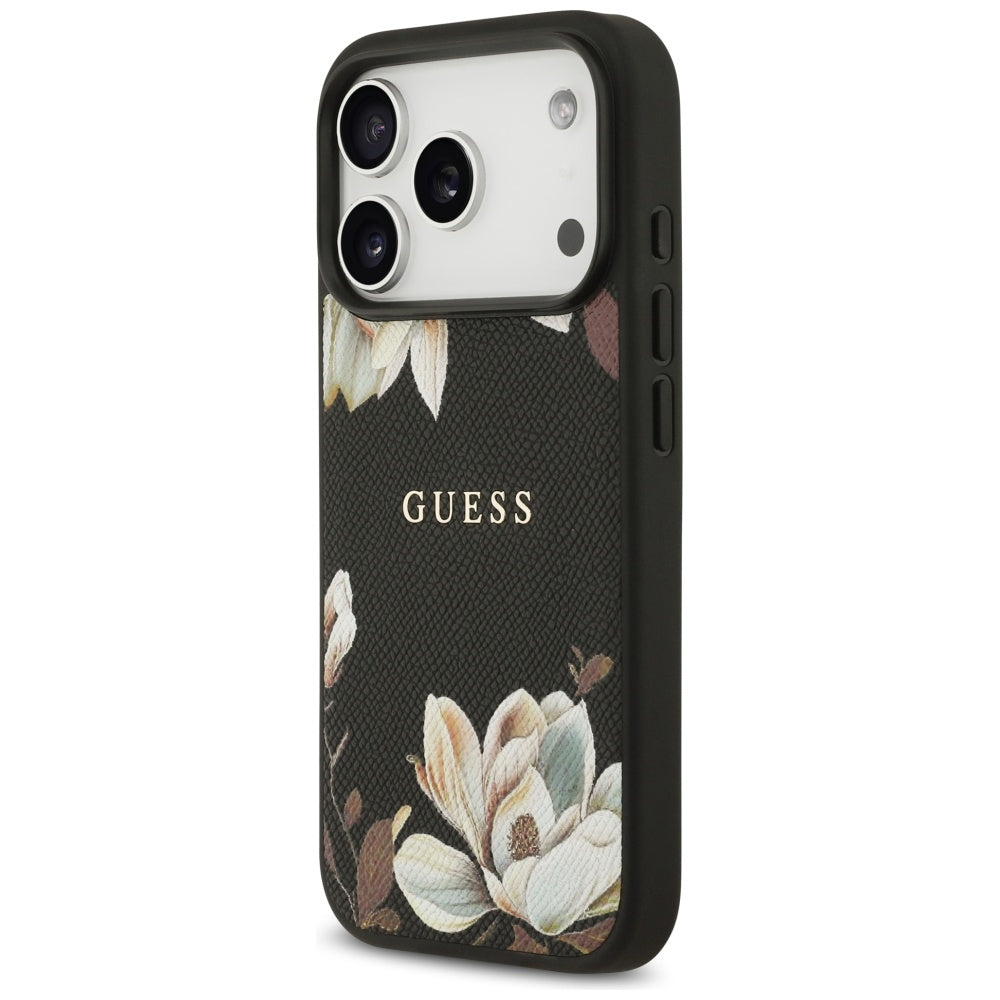 Husa de protectie Guess Grained Flowers MagSafe compatibil cu iPhone 17 Pro, Negru