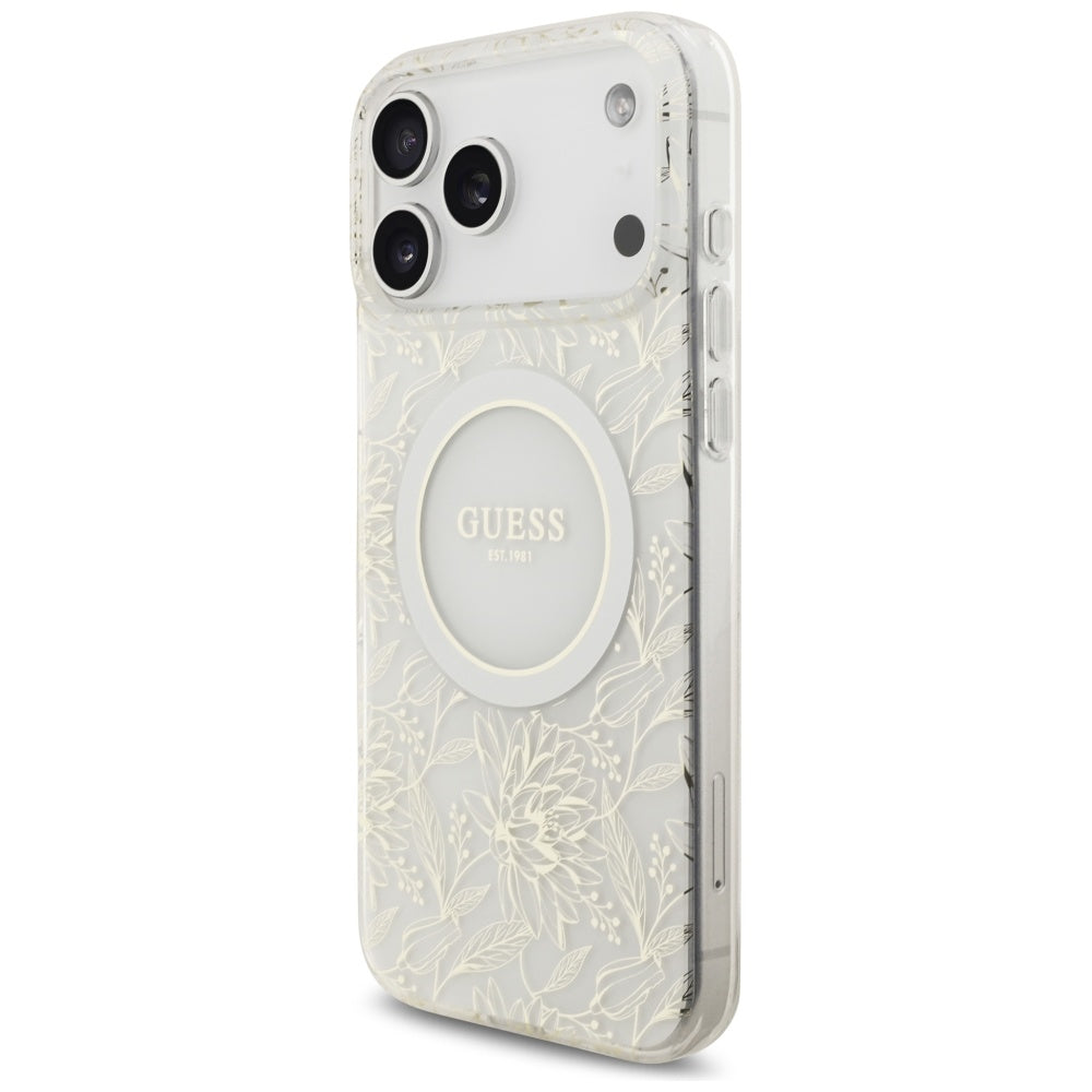 Husa pentru iPhone 17 Pro Max - Guess IML Flowers Allover Electroplated with Pearl Strap MagSafe (GUHMP17XHCPOFPH) - White