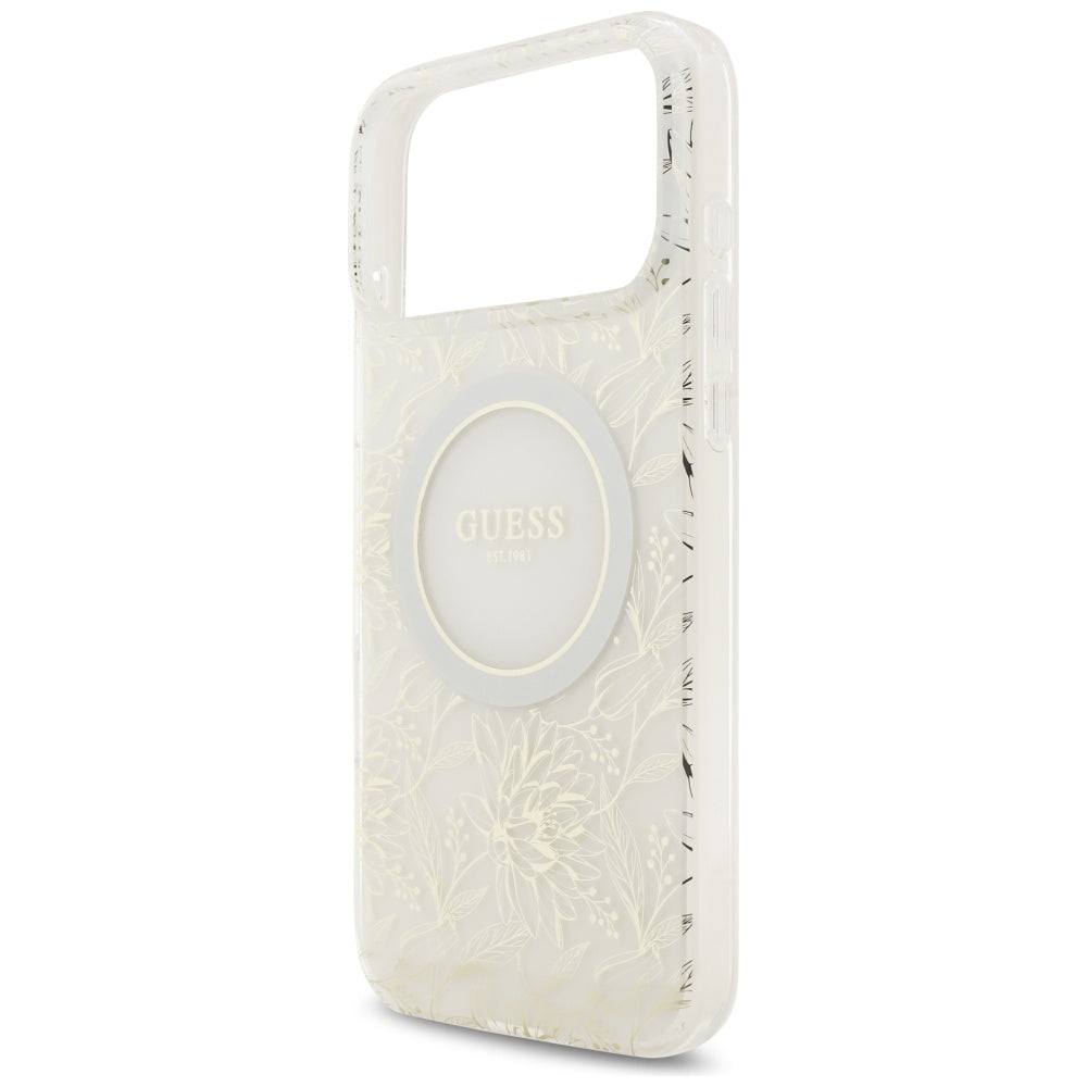 Husa pentru iPhone 17 Pro Max - Guess IML Flowers Allover Electroplated with Pearl Strap MagSafe (GUHMP17XHCPOFPH) - White