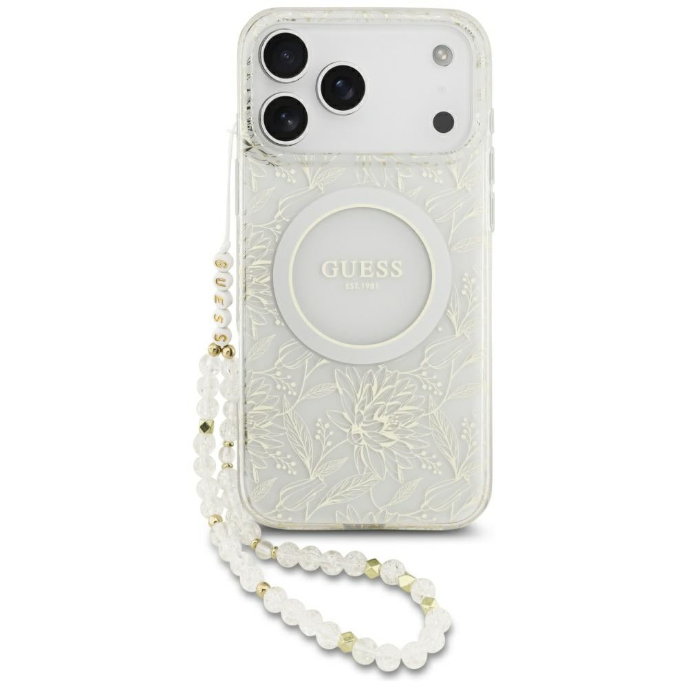 Husa pentru iPhone 17 Pro Max - Guess IML Flowers Allover Electroplated with Pearl Strap MagSafe (GUHMP17XHCPOFPH) - White