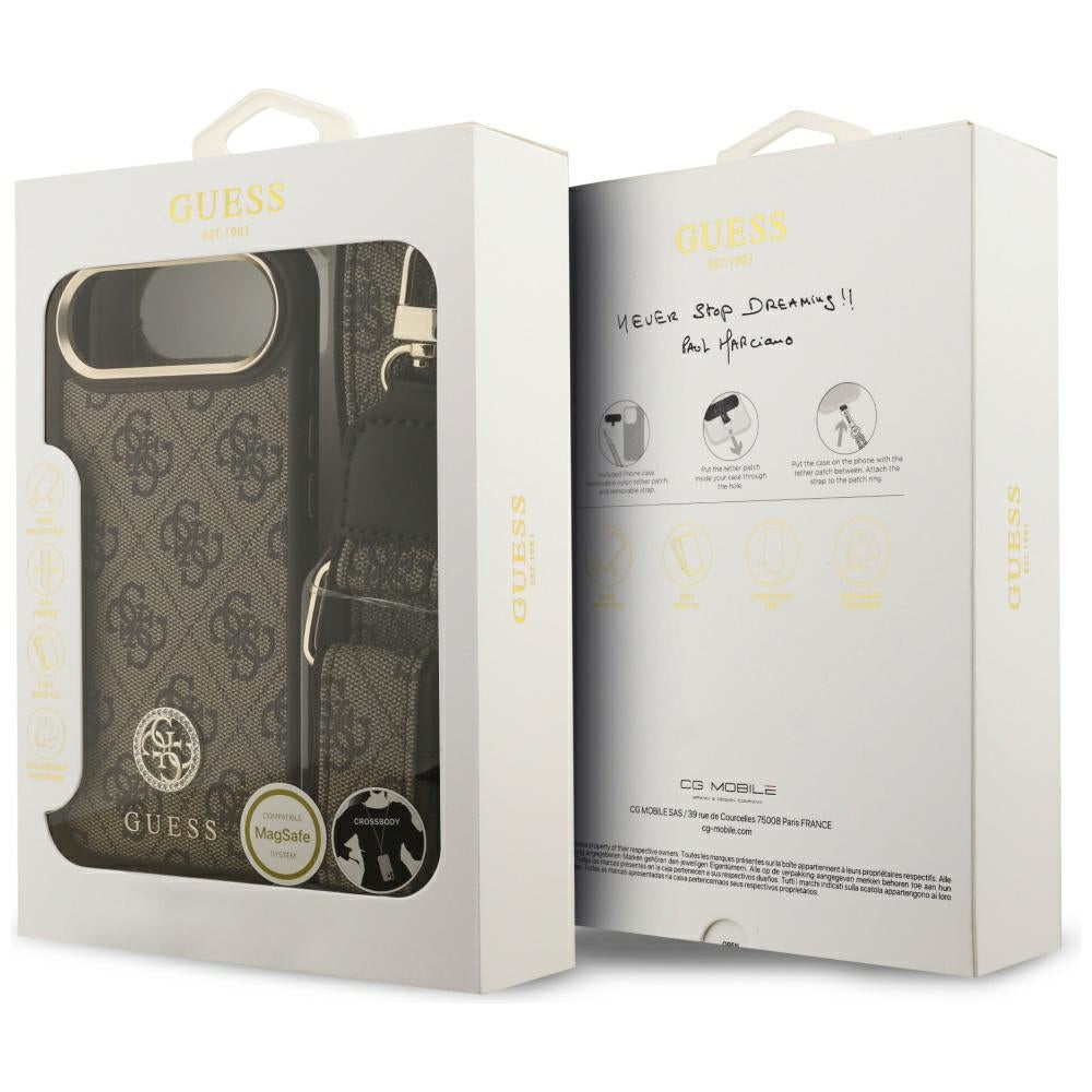 Husa pentru iPhone 17 Air - Guess 4G Strass Logo with Big Strap Metal Button MagSafe (GUHMP17MP4G4DCSW) - Brown