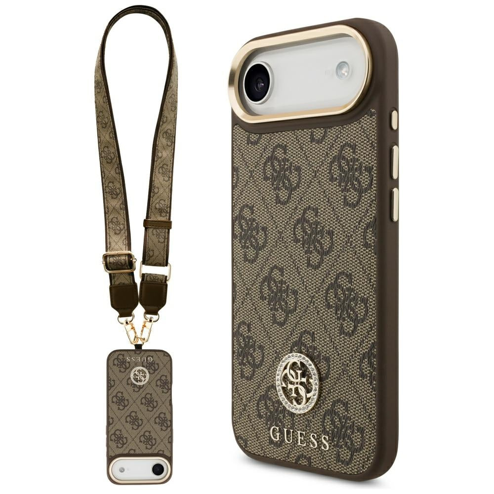Husa pentru iPhone 17 Air - Guess 4G Strass Logo with Big Strap Metal Button MagSafe (GUHMP17MP4G4DCSW) - Brown