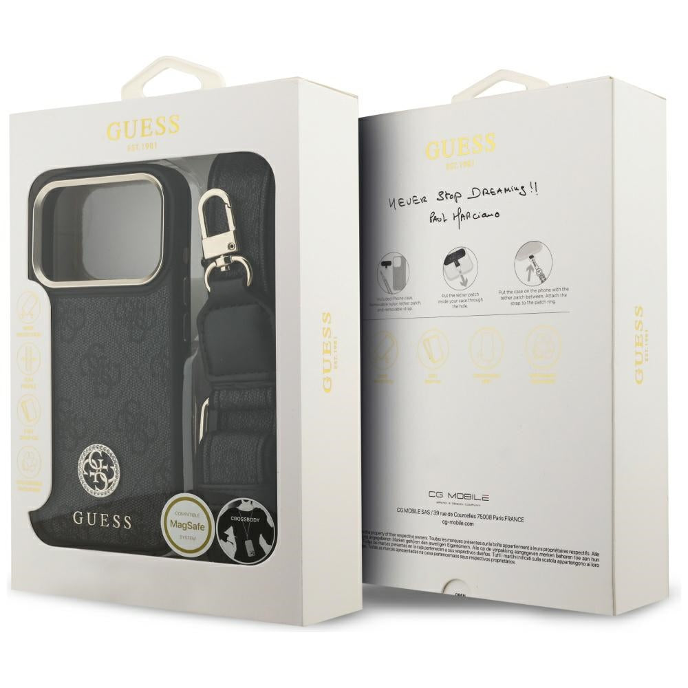 Husa pentru iPhone 17 Pro - Guess 4G Strass Logo with Big Strap Metal Button MagSafe (GUHMP17LP4G4DCSK) - Black
