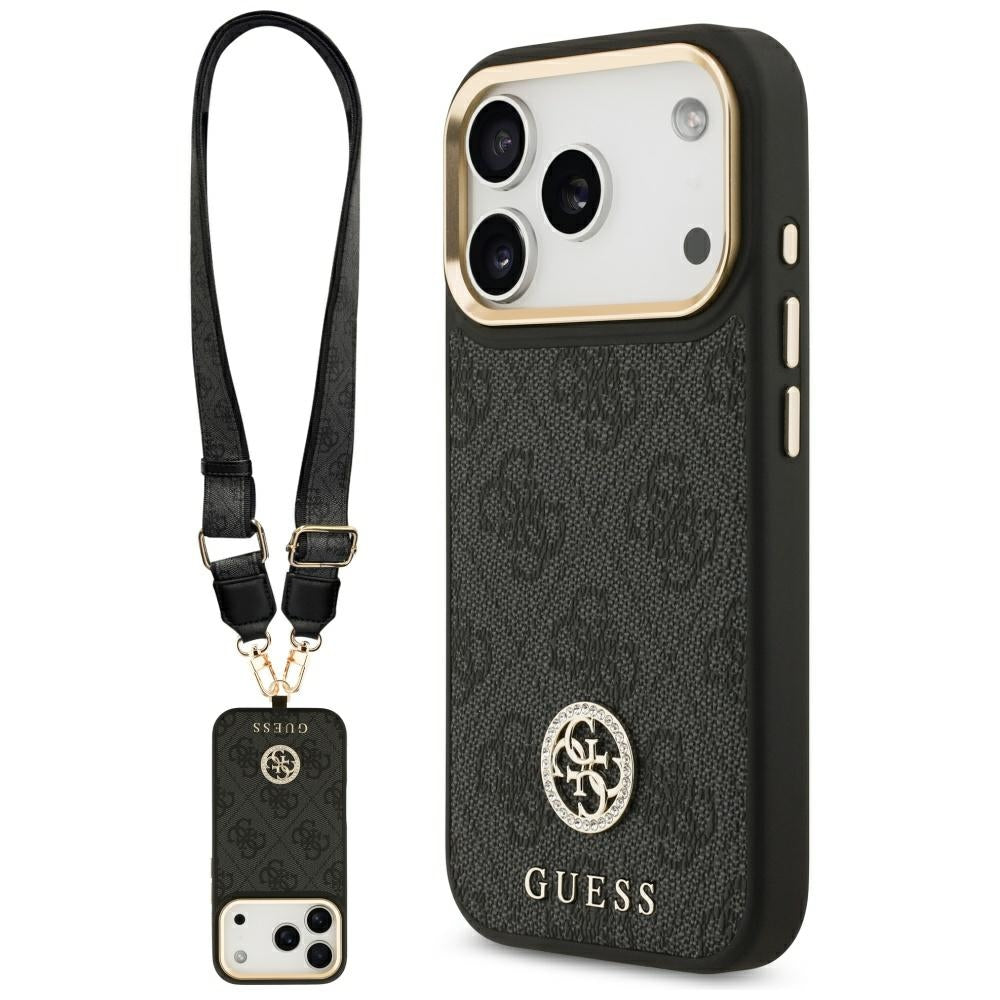 Husa pentru iPhone 17 Pro - Guess 4G Strass Logo with Big Strap Metal Button MagSafe (GUHMP17LP4G4DCSK) - Black