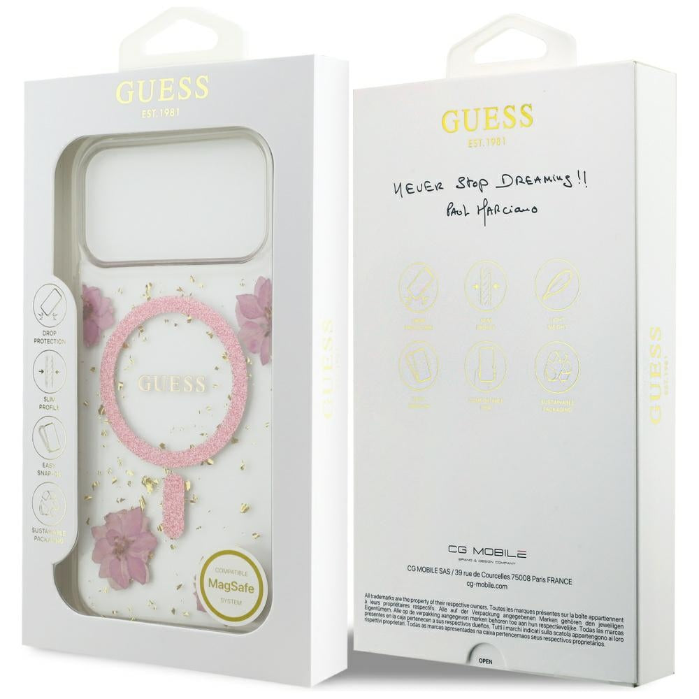 Husa de protectie Guess Resin Flowers and Glitter compatibil cu iPhone 17 Pro, Roz