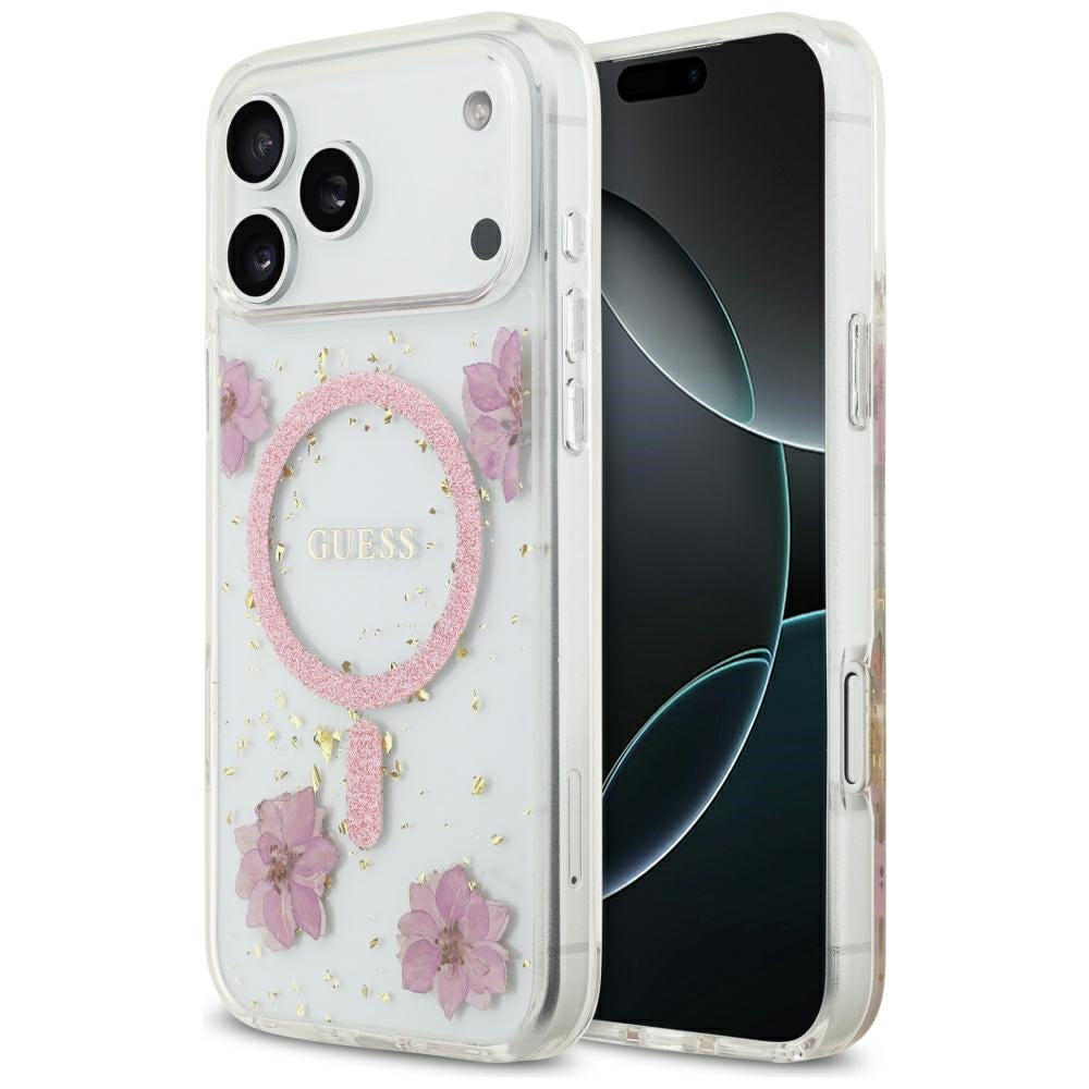 Husa de protectie Guess Resin Flowers and Glitter compatibil cu iPhone 17 Pro, Roz