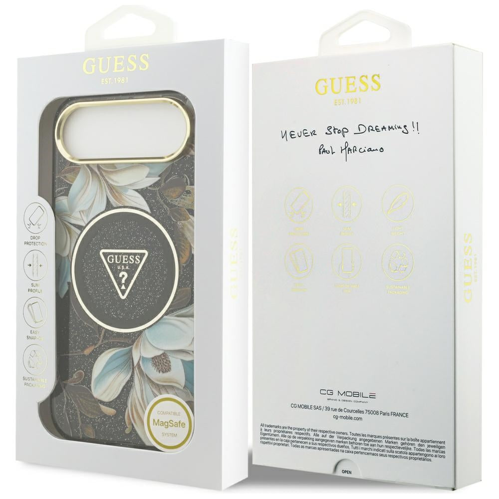 Guess Husa de protectie Guess IML Metal Glitter Flowers Triangle MagSafe (GUHMP17MHFLPEDK) compatibil cu iPhone 17 Air, 