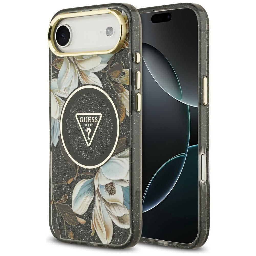 Guess Husa de protectie Guess IML Metal Glitter Flowers Triangle MagSafe (GUHMP17MHFLPEDK) compatibil cu iPhone 17 Air, 