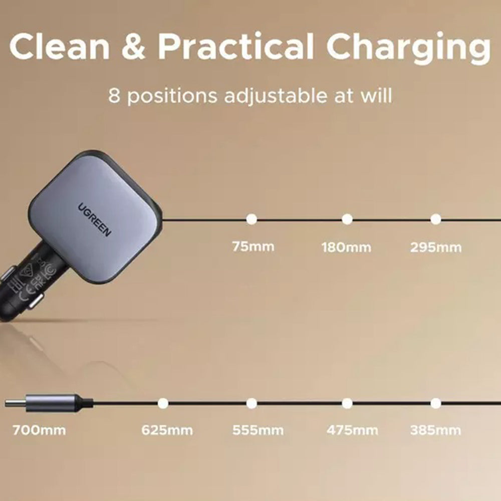 Ugreen - Car Charger EC603 (55909B) - with Retractable USB-C Cable, Dual-Port, 90W, Quick Charge, 70cm - Black