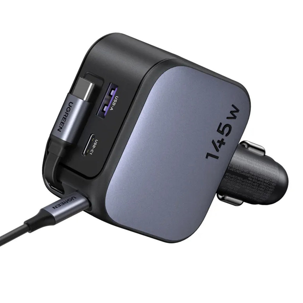 Ugreen - Car Charger EC604 (55910B) - with Retractable USB-C Cable, Dual-Port, 145W, 70cm - Black
