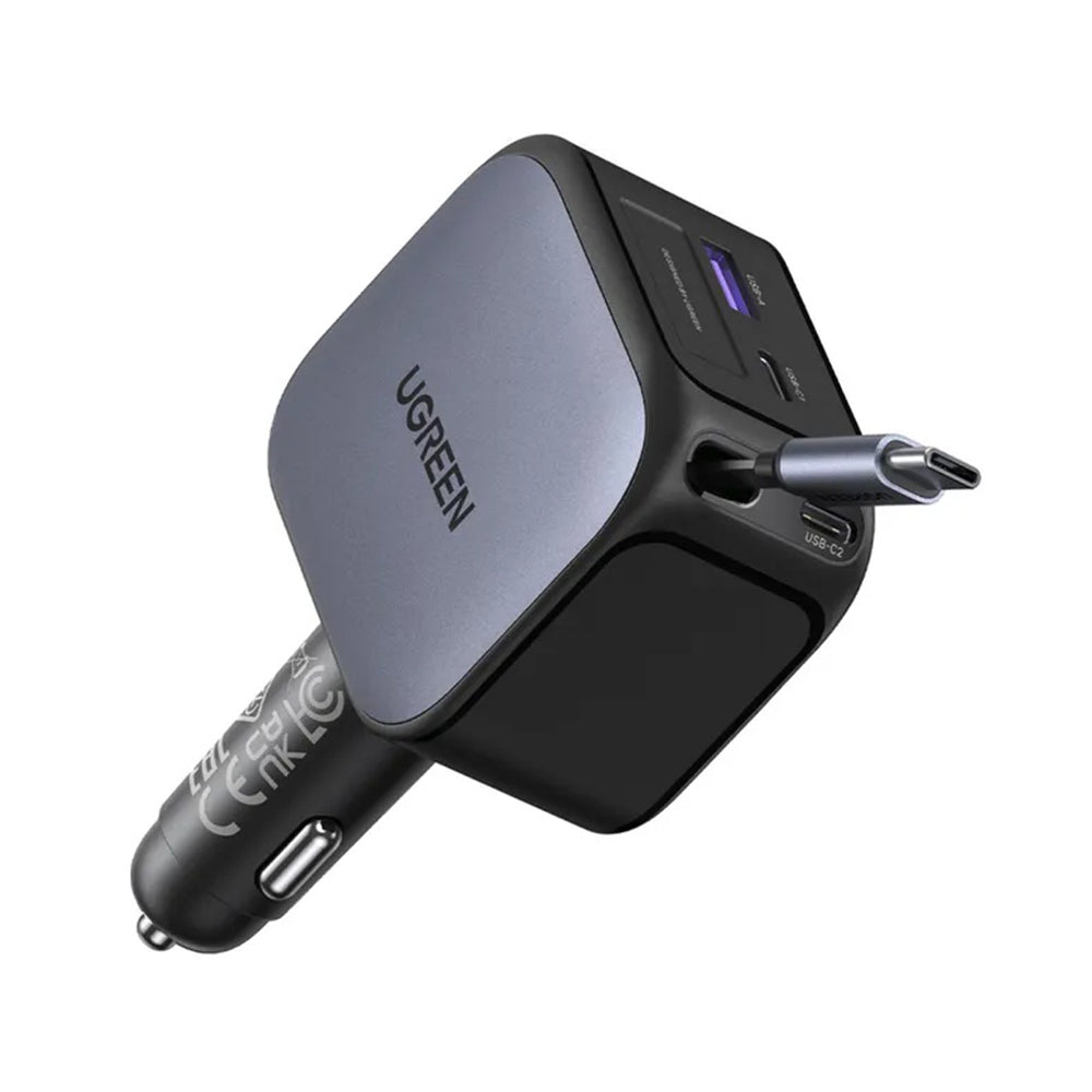 Ugreen - Car Charger EC604 (55910B) - with Retractable USB-C Cable, Dual-Port, 145W, 70cm - Black