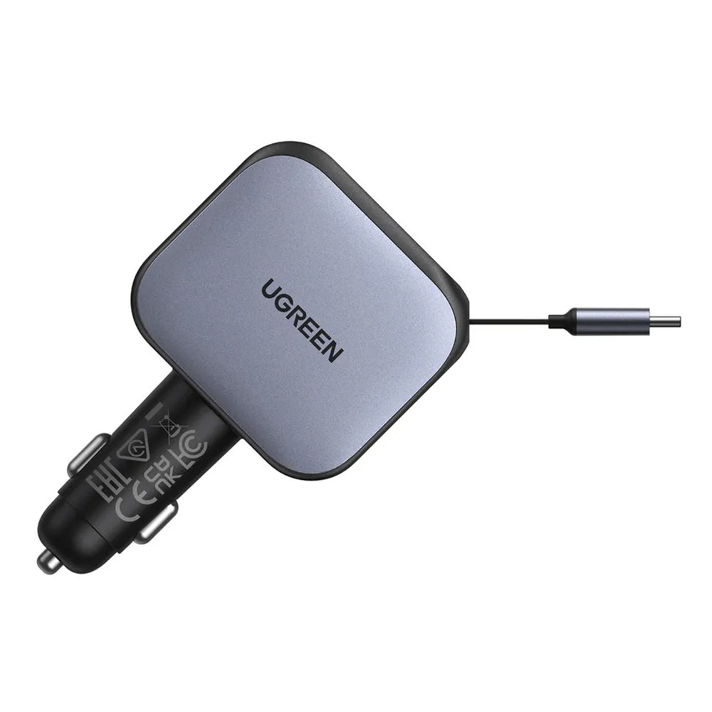 Ugreen - Car Charger EC604 (55910B) - with Retractable USB-C Cable, Dual-Port, 145W, 70cm - Black