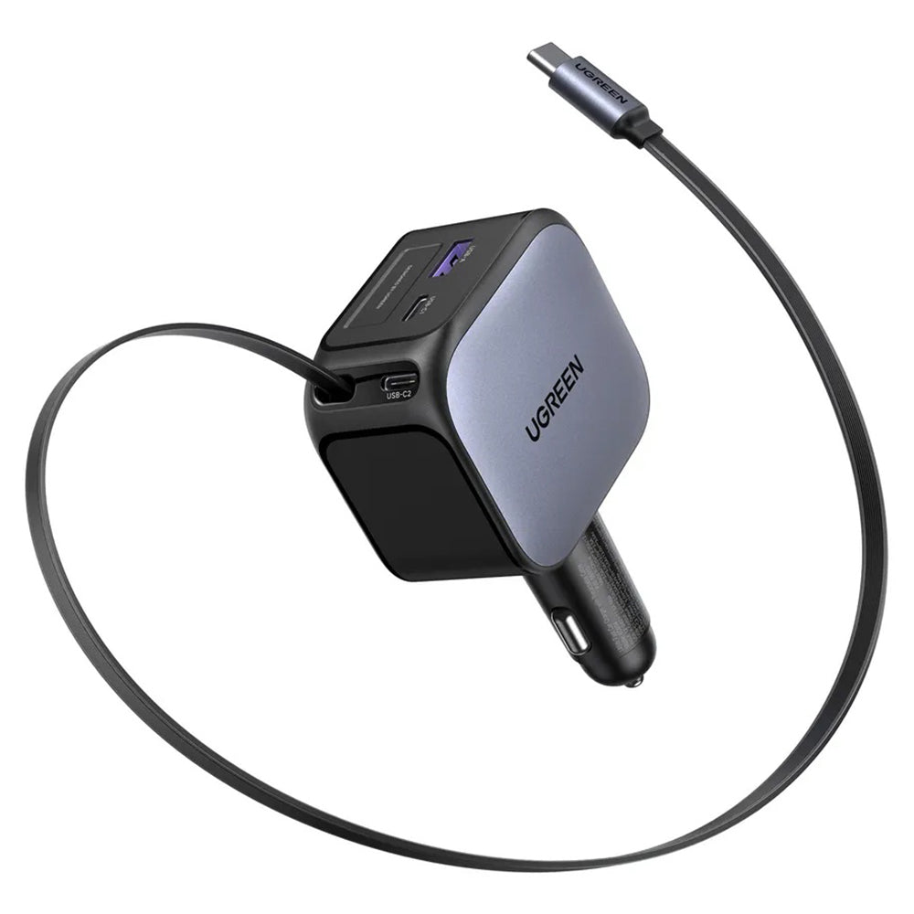 Ugreen - Car Charger EC604 (55910B) - with Retractable USB-C Cable, Dual-Port, 145W, 70cm - Black