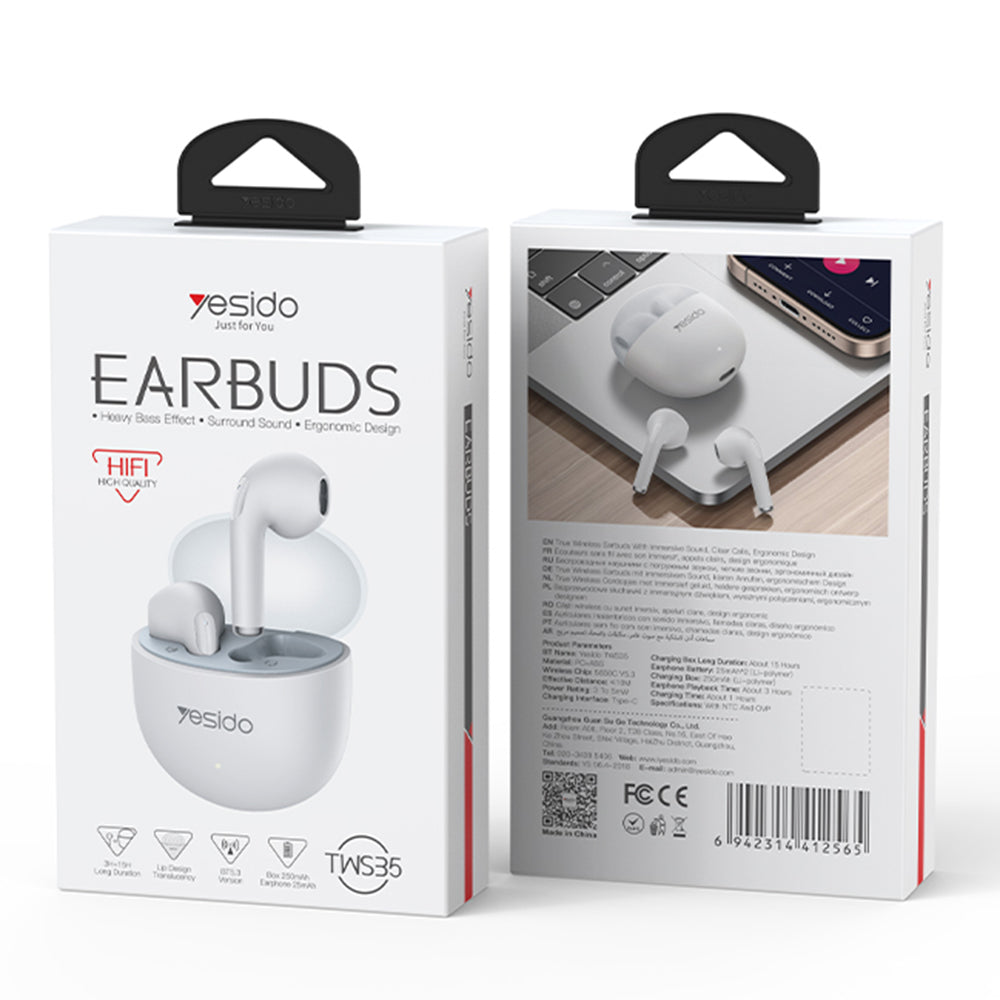 Yesido - Wireless Earbuds (TWS35) - with Microphone, Bluetooth 5.3, Half-in-ear Design, 250mAh - White
