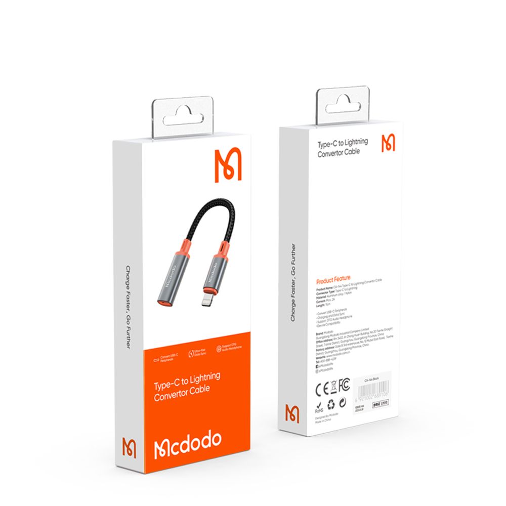 Mcdodo - OTG Adapter (CA-1440) - Type-C to Lightning, 2A, 480Mbps, Audio, Aluminum Alloy, Nylon - Black