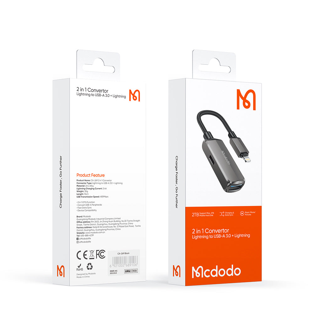 Mcdodo - OTG Adapter (CA-2690) - Lightning to USB, Lightning, Aluminum Alloy, Nylon, 2.4A - Dark Grey