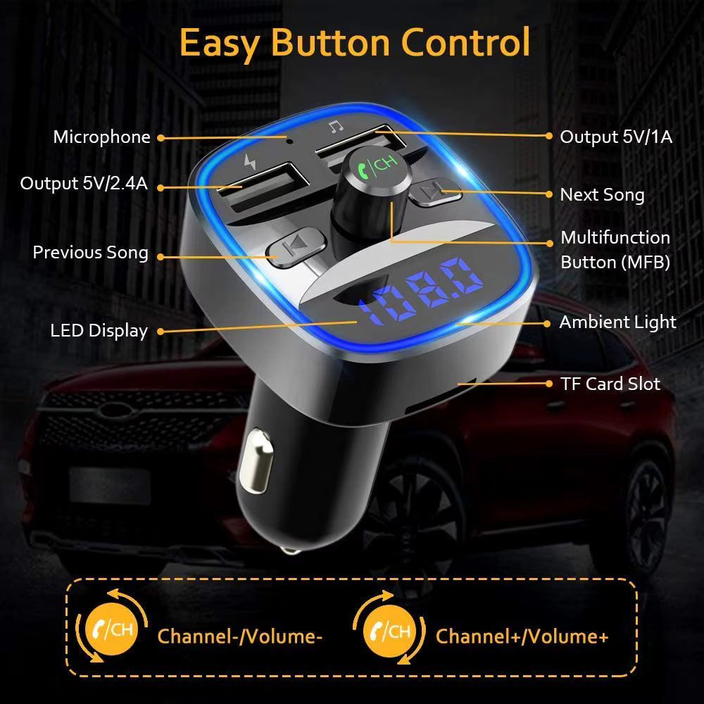 Techsuit - FM Modulator JamLink (MFM2) - Dual USB, SD Card, Blue Ambient Ring Light, Ultra-Compact Design, Bluetooth - B