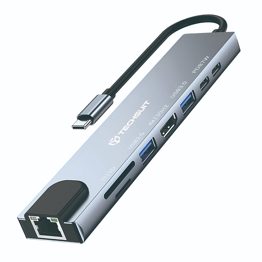 Techsuit - Docking Station NetBridge 8 in 1 (H2) - Type-C to 2x Type-C, 2x USB, HDMI, RJ45, TF/SD, 4K@30Hz, PD87W - Gray