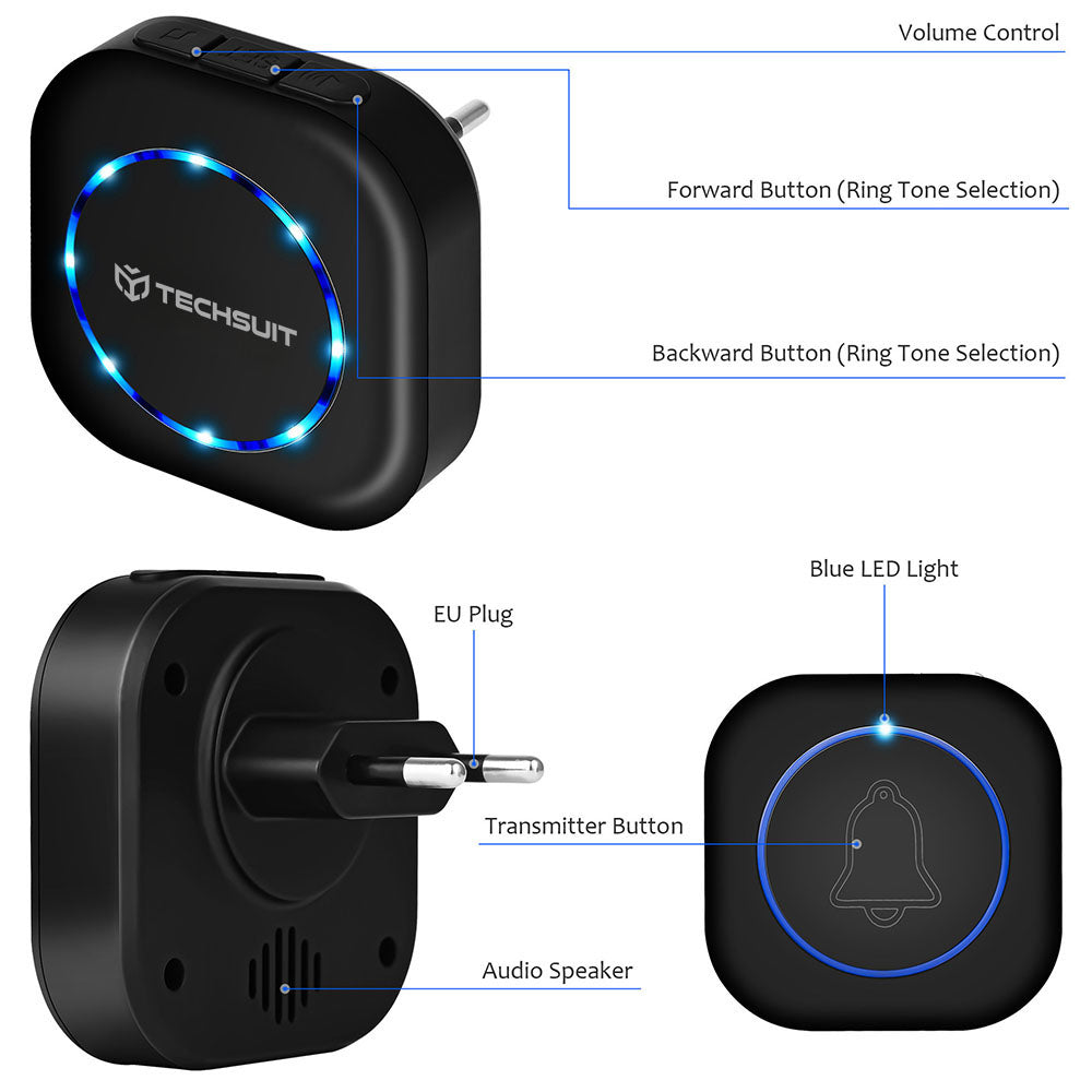 Techsuit - Premium Wireless Doorbell Buzzzly (SU1) - Waterproof, 38 Unique Tune, 4 Volume Levels, 5 Modes Music/Flash - 