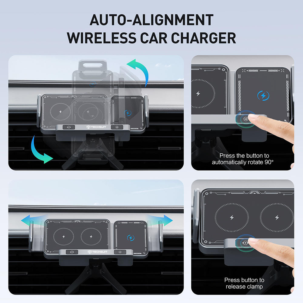 Techsuit - Premium Car Holder with Wireless Charging ModoDock (SW1) - for Air Vent, 90° Intelligent Rotation, 15W - Blac