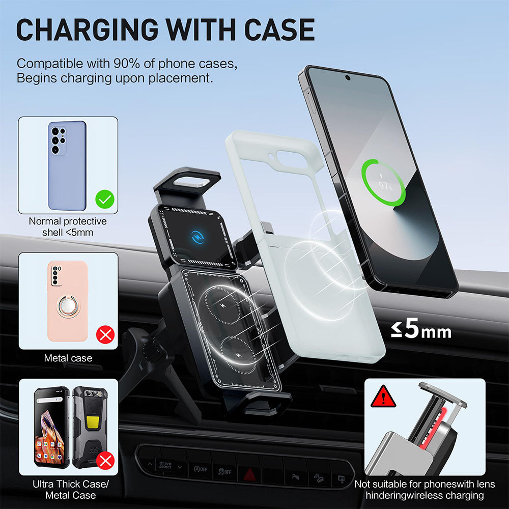 Techsuit - Premium Car Holder with Wireless Charging ModoDock (SW1) - for Air Vent, 90° Intelligent Rotation, 15W - Blac