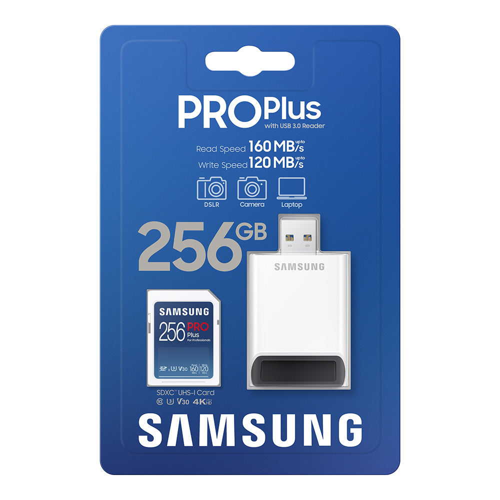 Samsung - Memory Card PRO Plus + Reader Full Size (MB-SD256KB/WW) - SDXC, 256GB, UHS-I, U3, V30, A2, 160MB/s - Blue/Whit