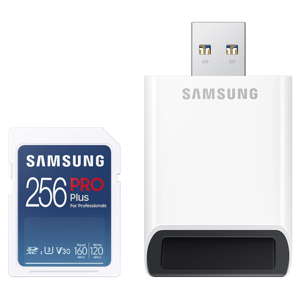 Samsung - Memory Card PRO Plus + Reader Full Size (MB-SD256KB/WW) - SDXC, 256GB, UHS-I, U3, V30, A2, 160MB/s - Blue/Whit