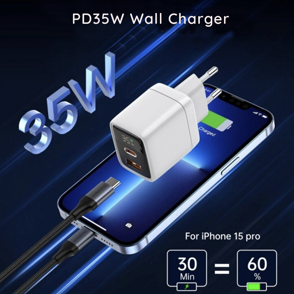 Techsuit - Wall Charger LEDChargX (CH3) - Type-C, USB, GaN Technology, Fast Charge, LED Display, PD35W - White