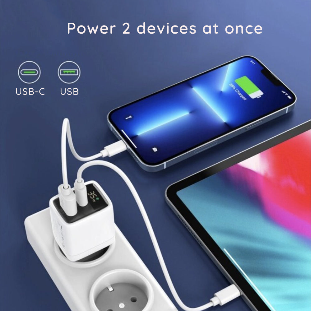 Techsuit - Wall Charger LEDChargX (CH3) - Type-C, USB, GaN Technology, Fast Charge, LED Display, PD35W - White