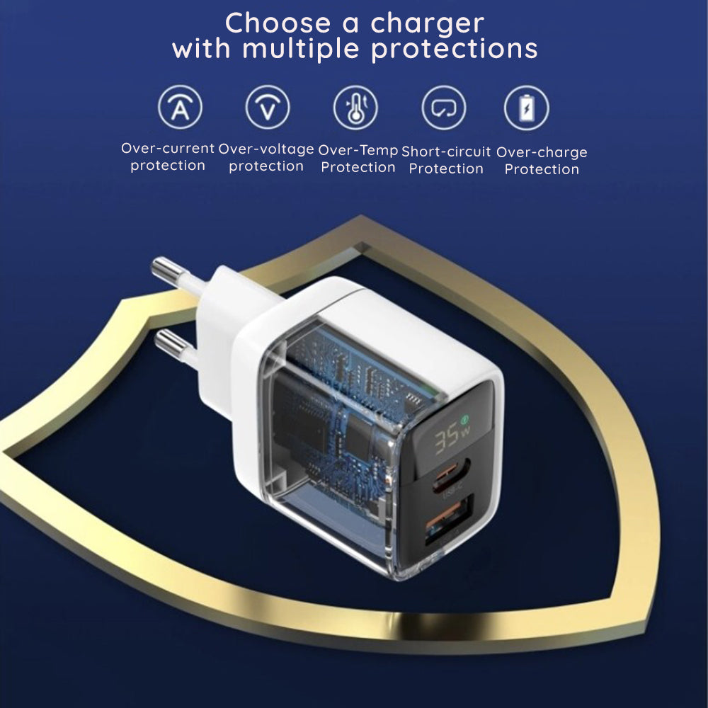 Techsuit - Wall Charger LEDChargX (CH3) - Type-C, USB, GaN Technology, Fast Charge, LED Display, PD35W - White