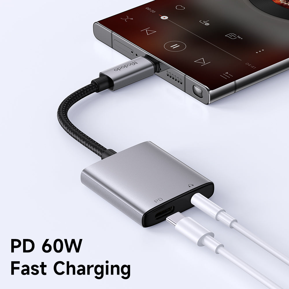 Mcdodo - Audio Adapter Wales Series (CA-5050) - Type-C to Type-C, DC 3.5mm, Aluminum Alloy, Nylon, PD60W, 12.5cm - Gray