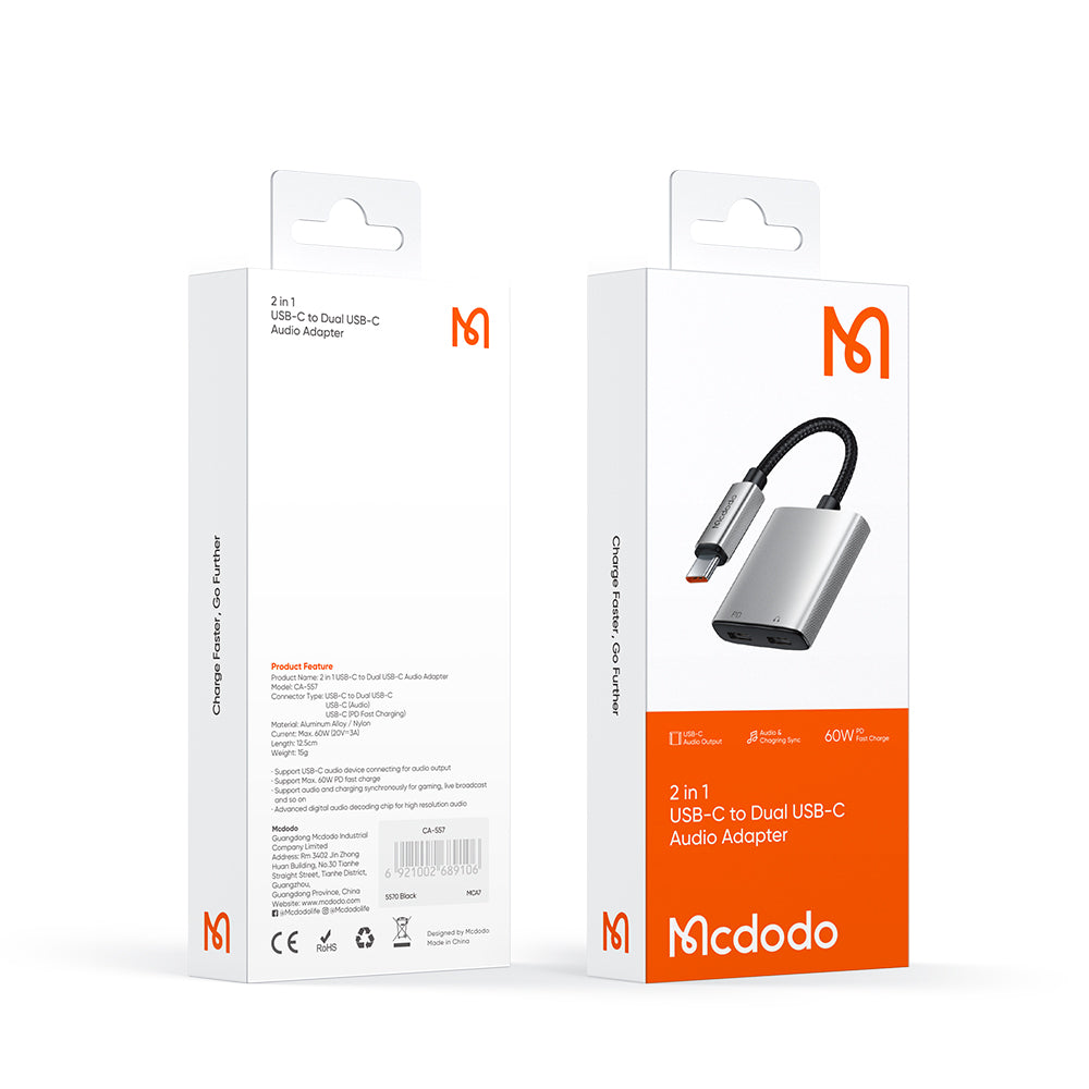 Mcdodo - Audio Adapter Wales Series (CA-5570) - Type-C to Type-C, Aluminum Alloy, Nylon, High Resolution, PD60W, 12.5cm 