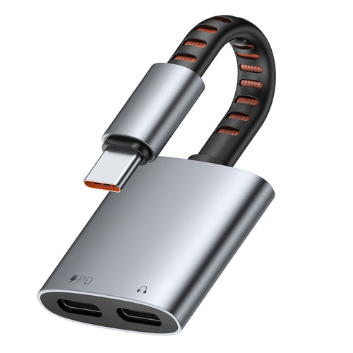 Mcdodo - Audio Adapter (CA-3370) - Type-C to 2x Type-C, 3A, 60W, Premium Sound Quality, Aluminum Alloy/Nylon, 0.1m - Gra