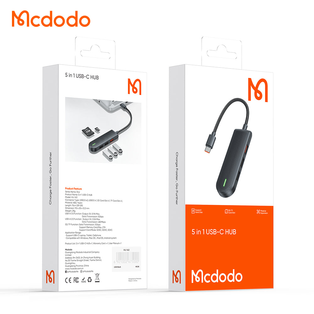 Mcdodo - Hub Star Series (HU-1430) - 5in1, 2x USB2.0, USB3.0, SD/TF Card Slot, 5Gbps, ABS+Nylon, Type-C Cable, 15cm - Bl