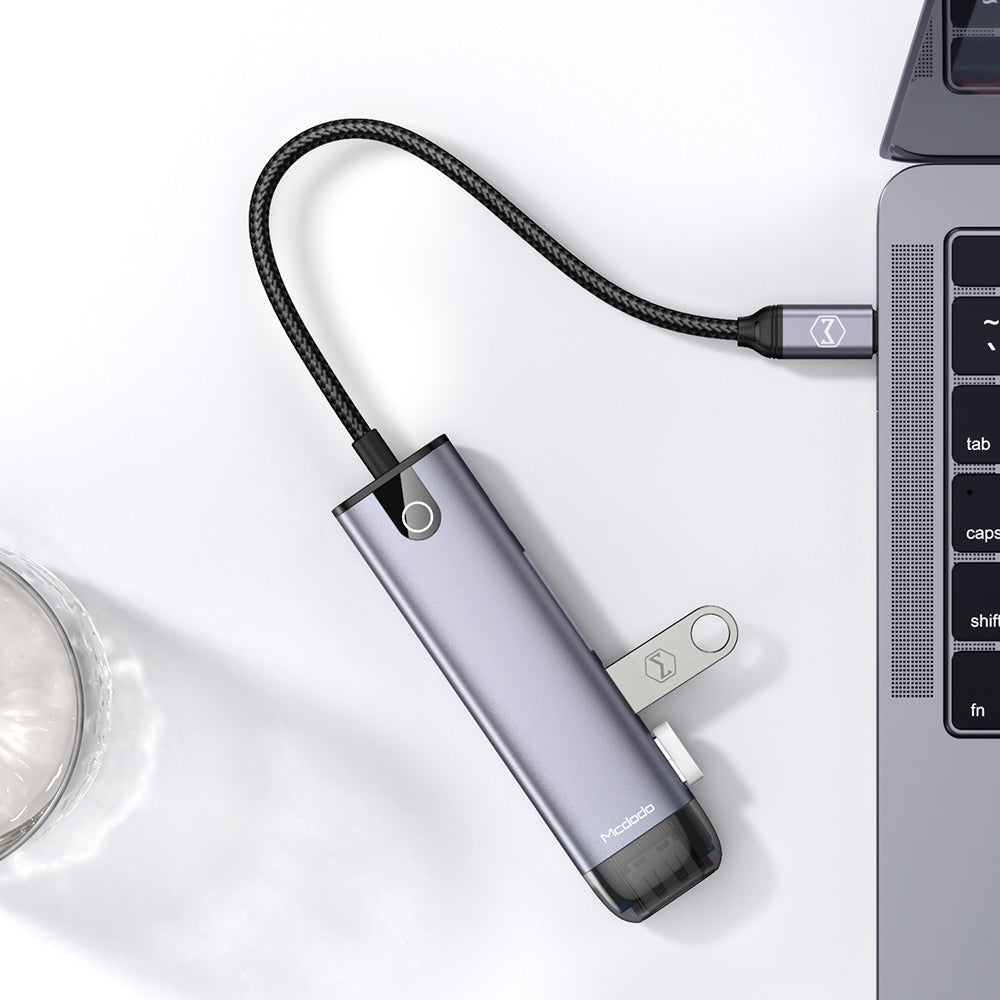 Mcdodo - Hub (HU-7740) - 6in1, 2x USB3.0, Type-C PD100W, HDMI 4K, SD/TF Card Slot, 5Gbps, 2TB, Type-C Cable - Gray