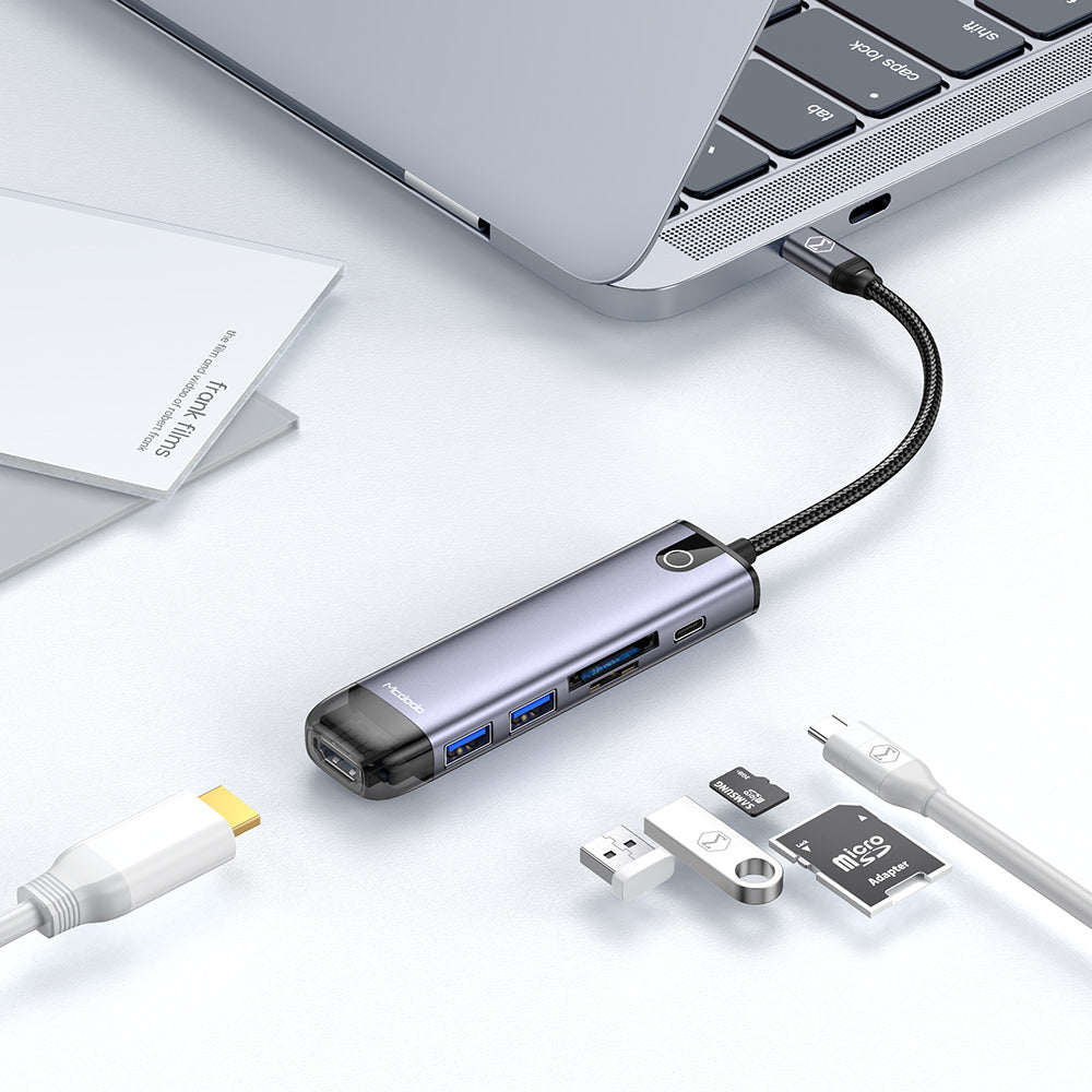 Mcdodo - Hub (HU-7740) - 6in1, 2x USB3.0, Type-C PD100W, HDMI 4K, SD/TF Card Slot, 5Gbps, 2TB, Type-C Cable - Gray