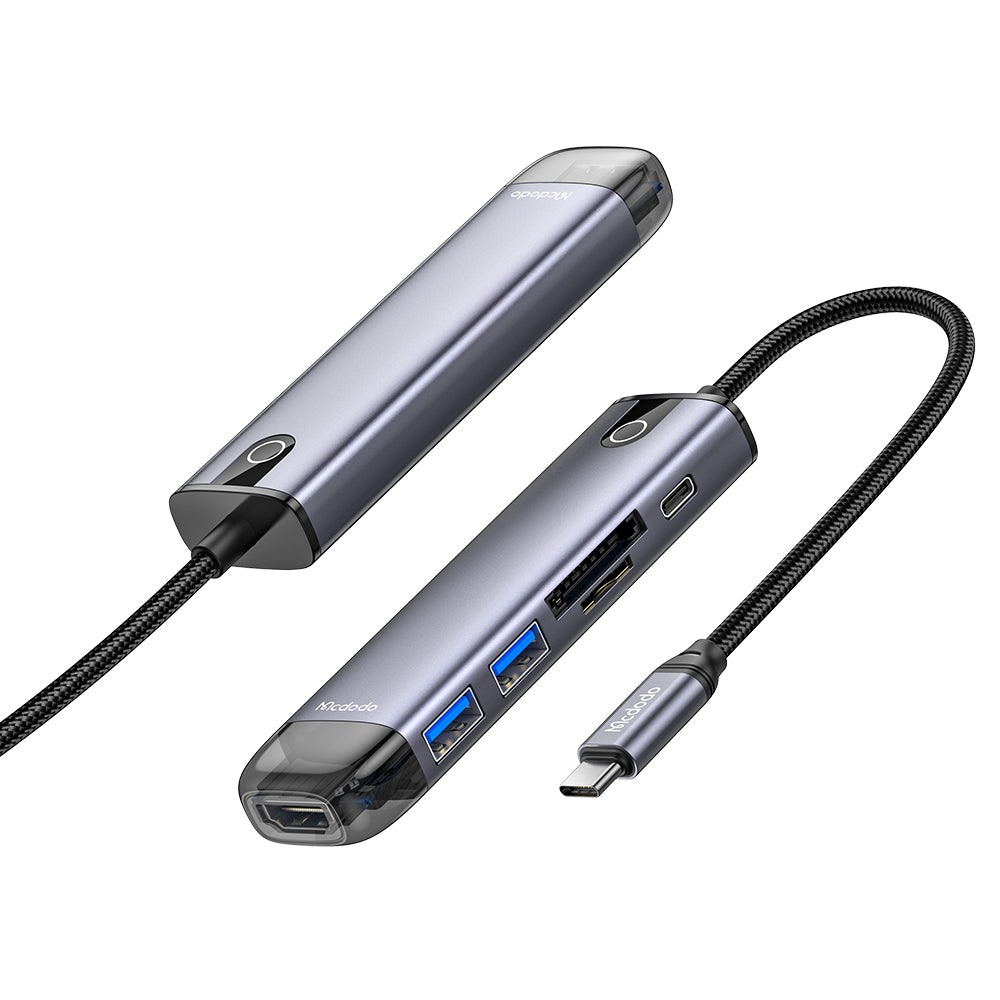 Mcdodo - Hub (HU-7740) - 6in1, 2x USB3.0, Type-C PD100W, HDMI 4K, SD/TF Card Slot, 5Gbps, 2TB, Type-C Cable - Gray