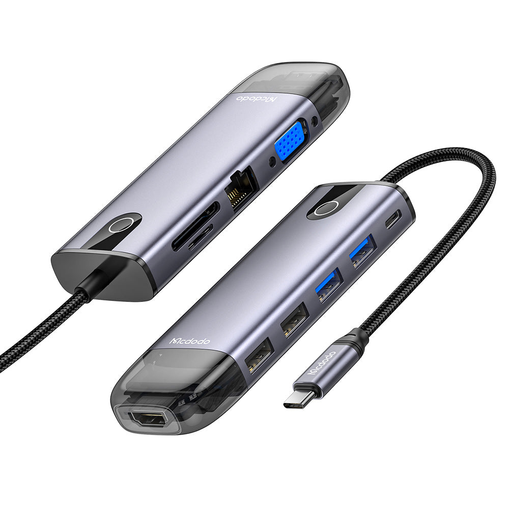 Mcdodo - Hub (HU-7420) - 10in1, 2x USB2.0, 2x USB3.0, USB-C PD100W, VGA, HDMI 4K, LAN, SD/TF Slot, 5Gbps, Type-C Cable -