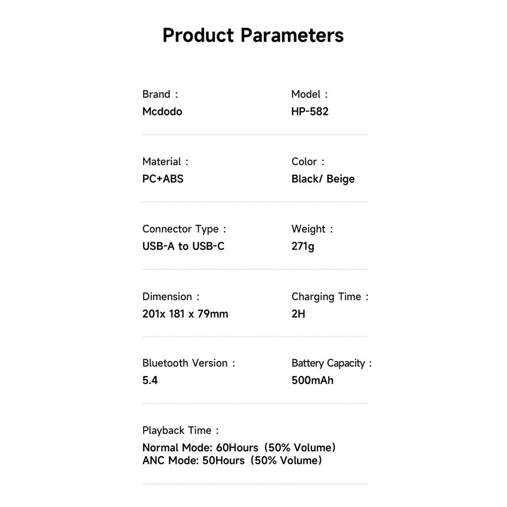 Mcdodo - Wireless Headphones T03 Series (HP-5821) - On-Ear, Bluetooth V5.4, 500mAh, ANC Technology - Beige